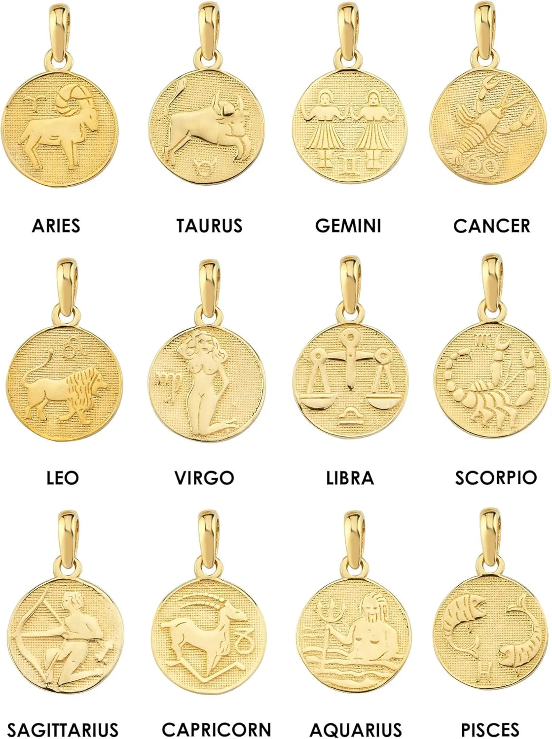 14K Solid Gold Zodiac Coin Necklace, Aries, Taurus, Gemini, Cancer, Leo, Virgo, Libra, Scorpio, Sagittarius, Capricorn, Aquarius, Pisces Pendant, Astrology Sign Necklace Gift for Her