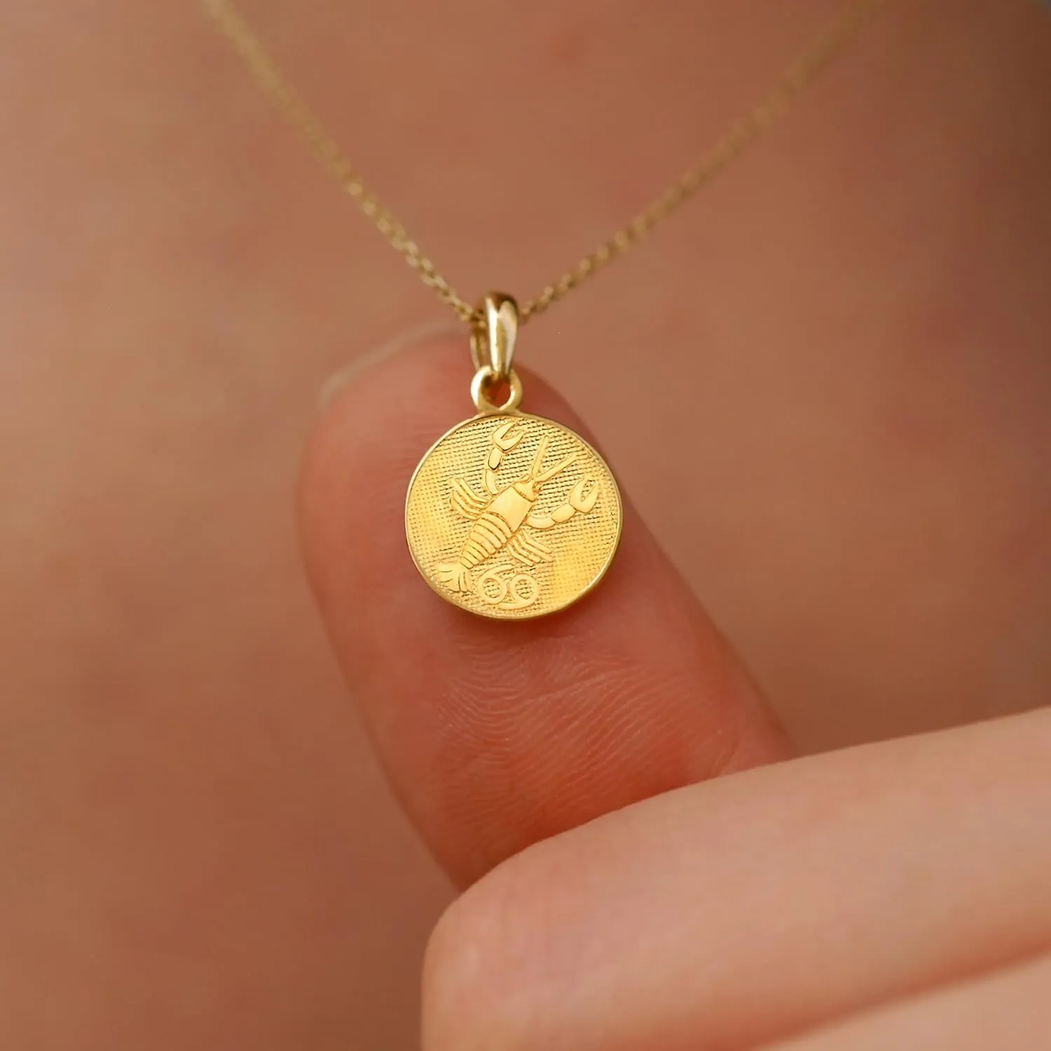 14K Solid Gold Zodiac Coin Necklace, Aries, Taurus, Gemini, Cancer, Leo, Virgo, Libra, Scorpio, Sagittarius, Capricorn, Aquarius, Pisces Pendant, Astrology Sign Necklace Gift for Her