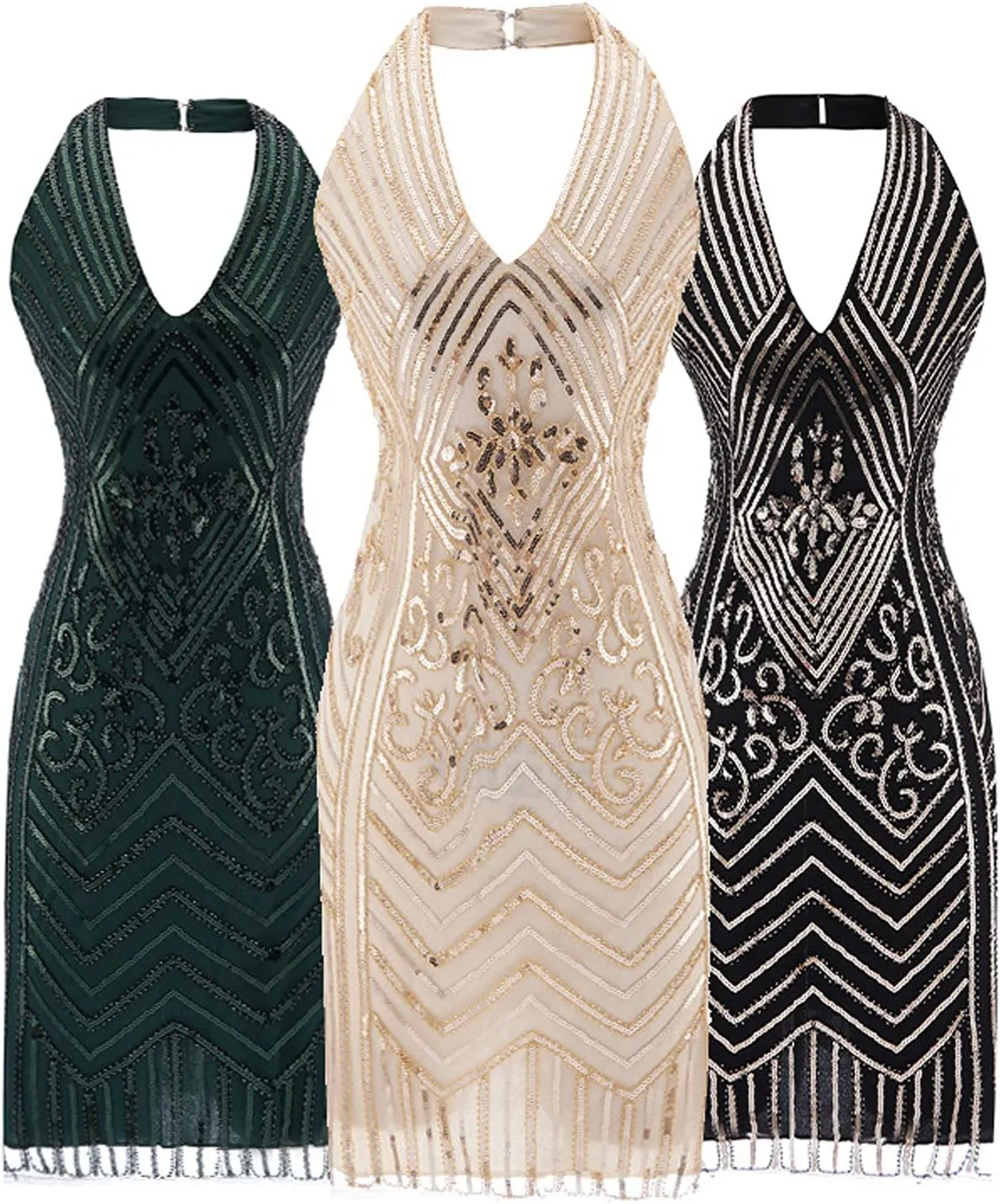 1920 Style Dresses for Women Gatsby Sexy Halter Neck Plus Szie Dress Roaring 20s Art Deco Cocktail Party Dresses