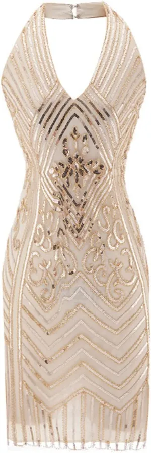 1920 Style Dresses for Women Gatsby Sexy Halter Neck Plus Szie Dress Roaring 20s Art Deco Cocktail Party Dresses