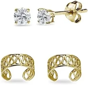 2 Pairs Sterling Silver Unisex Filigree Ear Cuff Cartilage Clip and Round 3mm CZ Stud Earrings Set for Men Women