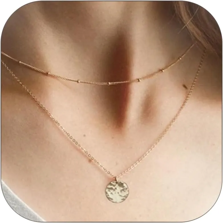 2 Pcs Gold Necklace for Women Dainty Gold Coin Necklace Layered Drop Pendant Stackable Necklace Stainless Steel Non Tarnish Jewelry Gift