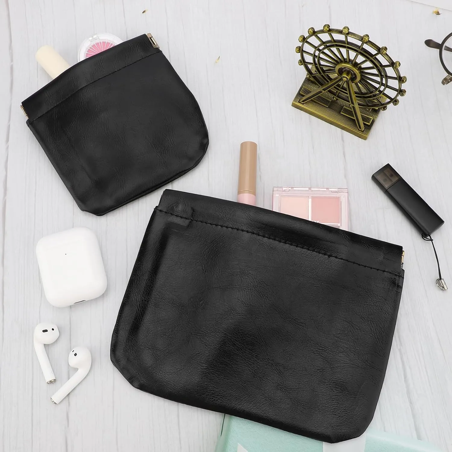 2 PCS Small Makeup Bag for Purse,Leather Small Makeup Pouch Purse,Mini Cosmetic Bag for Travel,Headphone Cable Pouch,Neutral, elegant and stylish,Gifts for Women Men