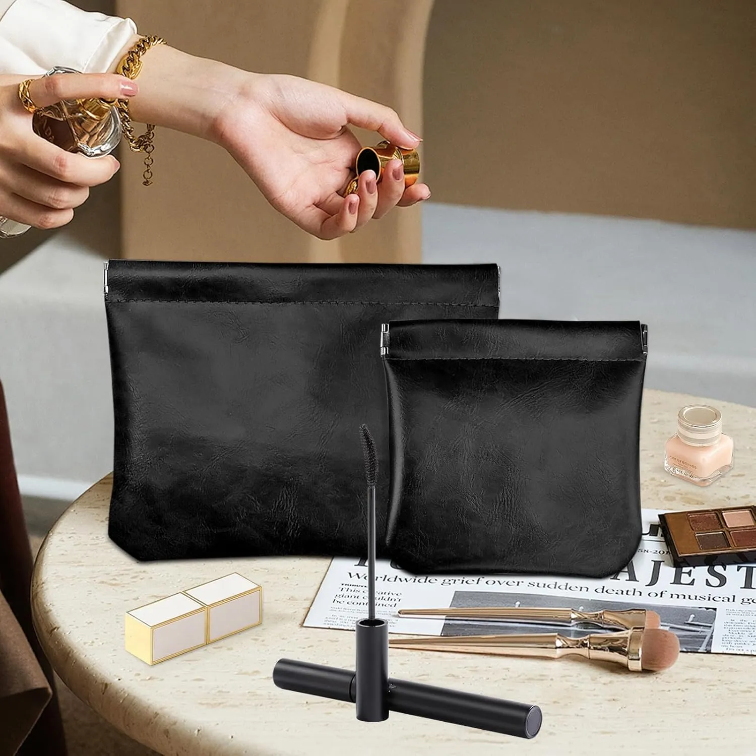 2 PCS Small Makeup Bag for Purse,Leather Small Makeup Pouch Purse,Mini Cosmetic Bag for Travel,Headphone Cable Pouch,Neutral, elegant and stylish,Gifts for Women Men
