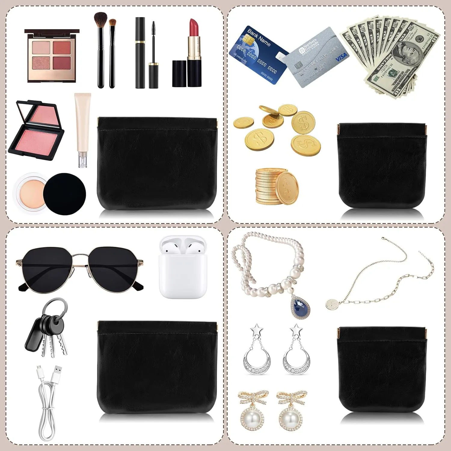 2 PCS Small Makeup Bag for Purse,Leather Small Makeup Pouch Purse,Mini Cosmetic Bag for Travel,Headphone Cable Pouch,Neutral, elegant and stylish,Gifts for Women Men
