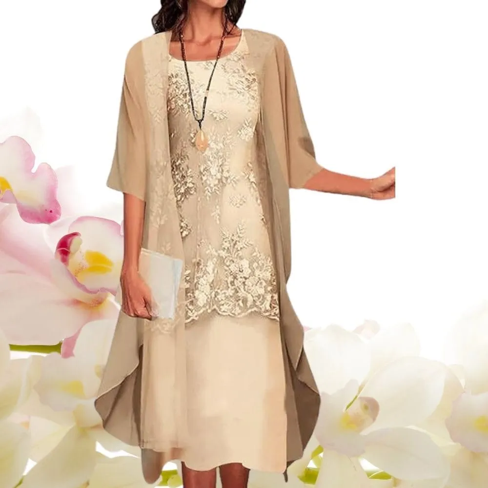 2 Piece Dress Set Chiffon Tea Length Mother of The Bride Dresses for Wedding Floral Print Evening Gowns with Cardigan