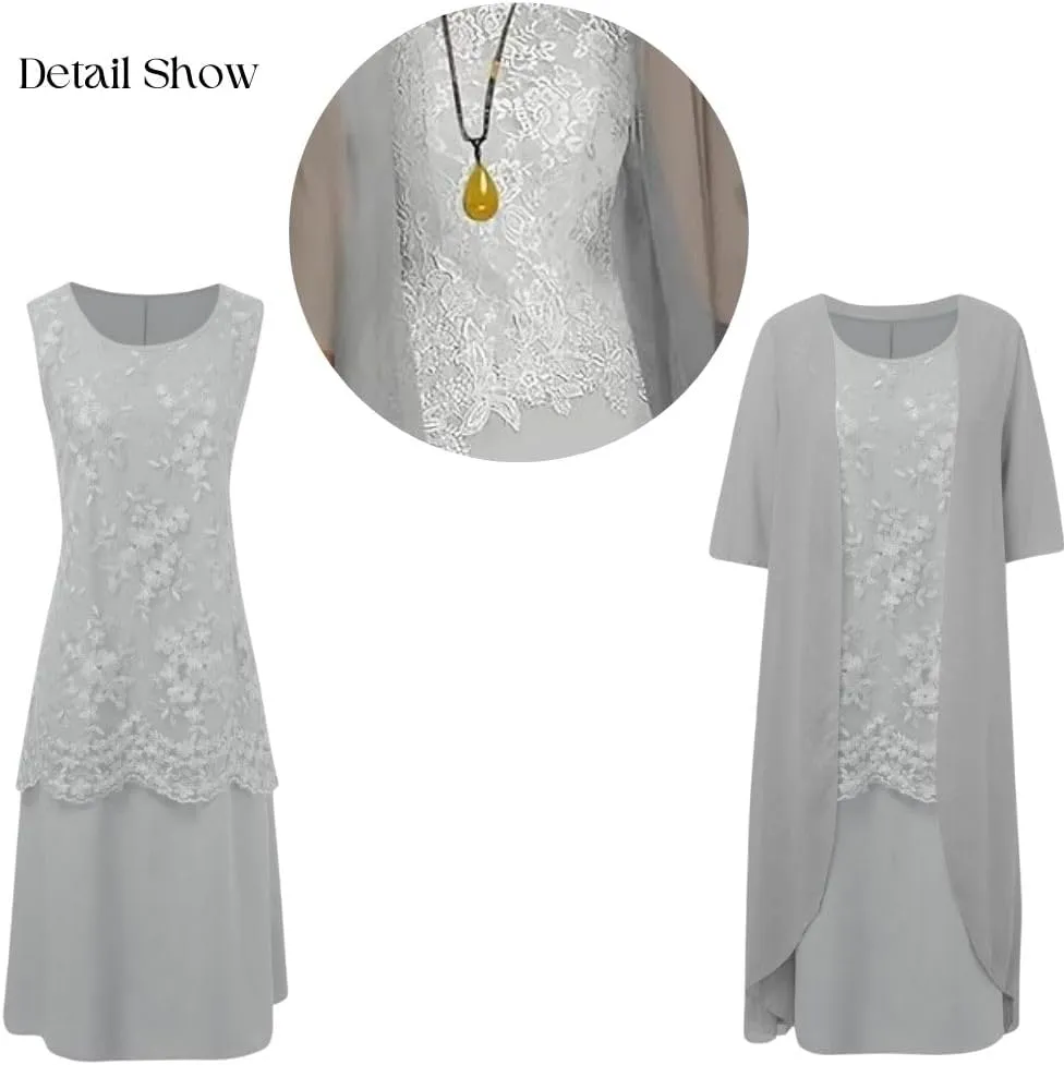 2 Piece Dress Set Chiffon Tea Length Mother of The Bride Dresses for Wedding Floral Print Evening Gowns with Cardigan