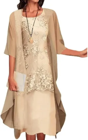 2 Piece Dress Set Chiffon Tea Length Mother of The Bride Dresses for Wedding Floral Print Evening Gowns with Cardigan