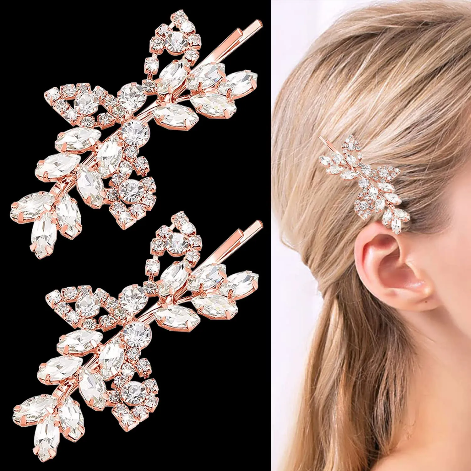 2 Pieces Rhinestone Bridal Hair Pins Leaf Bridal Wedding Hair Pins Crystal Hair Accessories Silver Rhinestone Jewelry Barrette for Brides Bridesmaids Flower Girls (Rose Gold)
