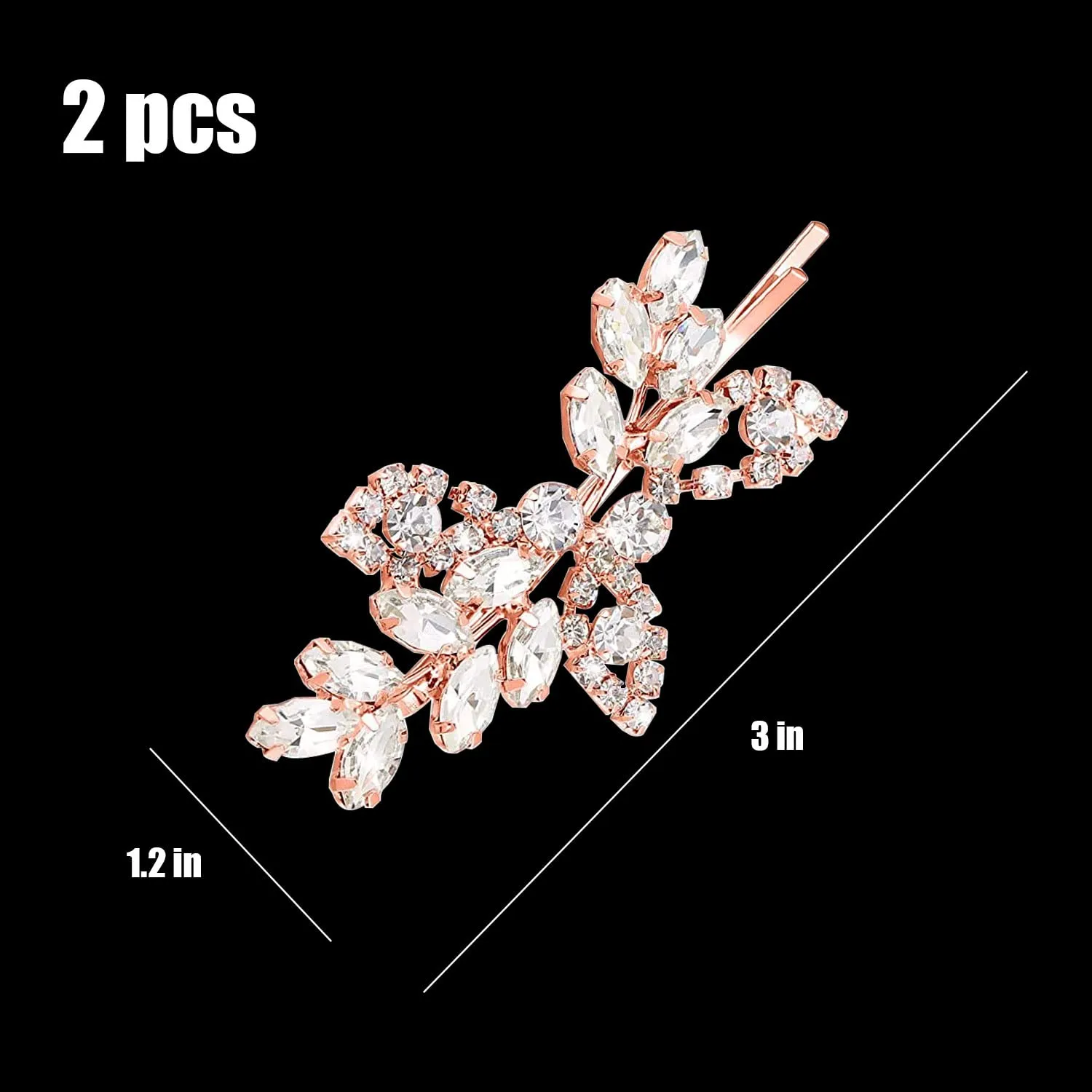 2 Pieces Rhinestone Bridal Hair Pins Leaf Bridal Wedding Hair Pins Crystal Hair Accessories Silver Rhinestone Jewelry Barrette for Brides Bridesmaids Flower Girls (Rose Gold)