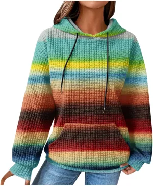 2024 Womens Waffle Hoodies Multicolored Casual Trendy Sweatshirt with Drawstring Hood Long Sleeve Pullover Sweater