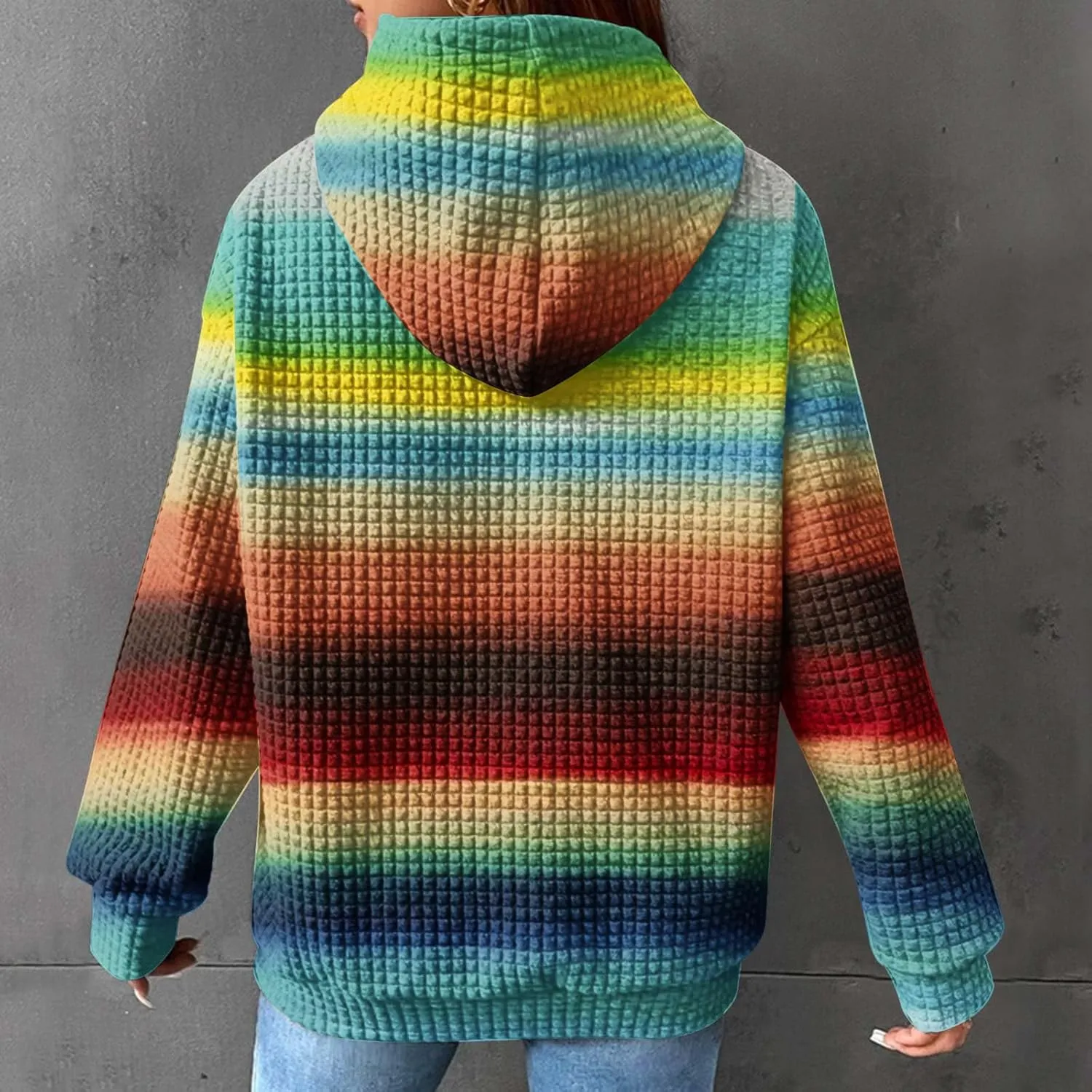 2024 Womens Waffle Hoodies Multicolored Casual Trendy Sweatshirt with Drawstring Hood Long Sleeve Pullover Sweater
