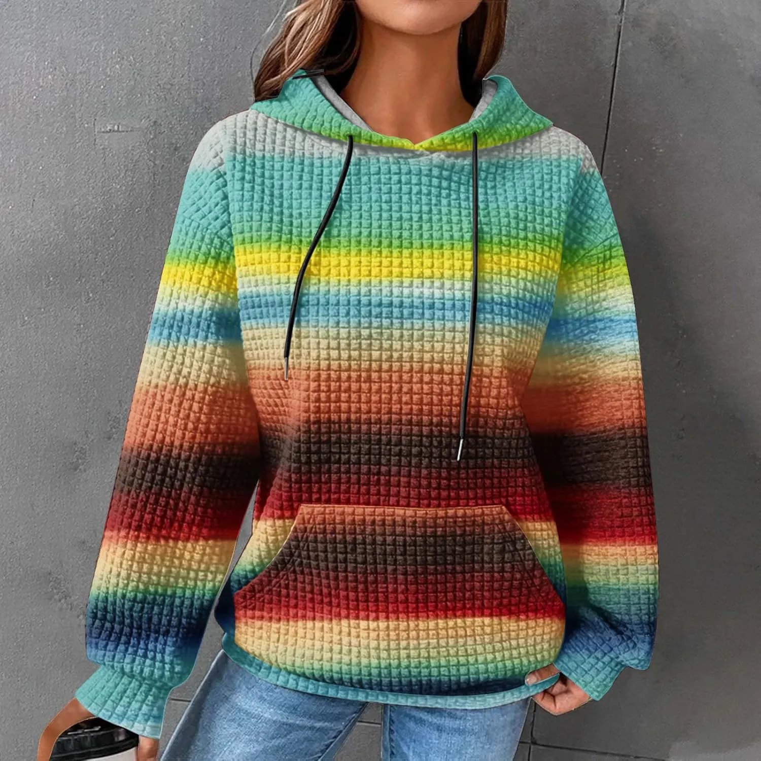 2024 Womens Waffle Hoodies Multicolored Casual Trendy Sweatshirt with Drawstring Hood Long Sleeve Pullover Sweater