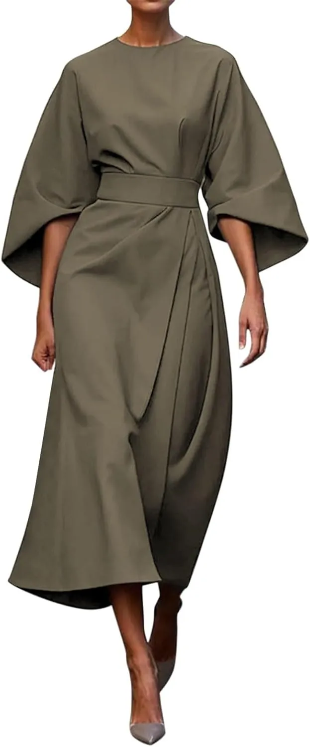 2025 Dresses for Women Elegant Classy 3/4 Lantern Sleeve Solid Color High Waist A Line Flowy Formal Evening Gowns Dress