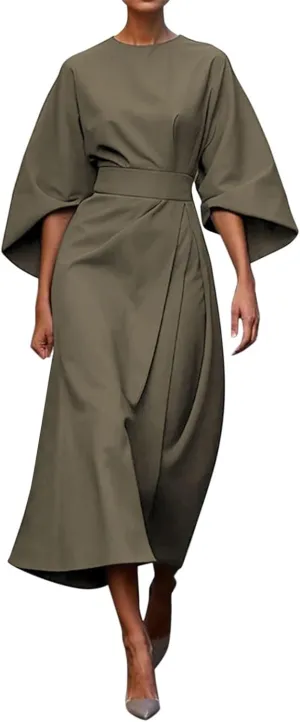 2025 Dresses for Women Elegant Classy 3/4 Lantern Sleeve Solid Color High Waist A Line Flowy Formal Evening Gowns Dress
