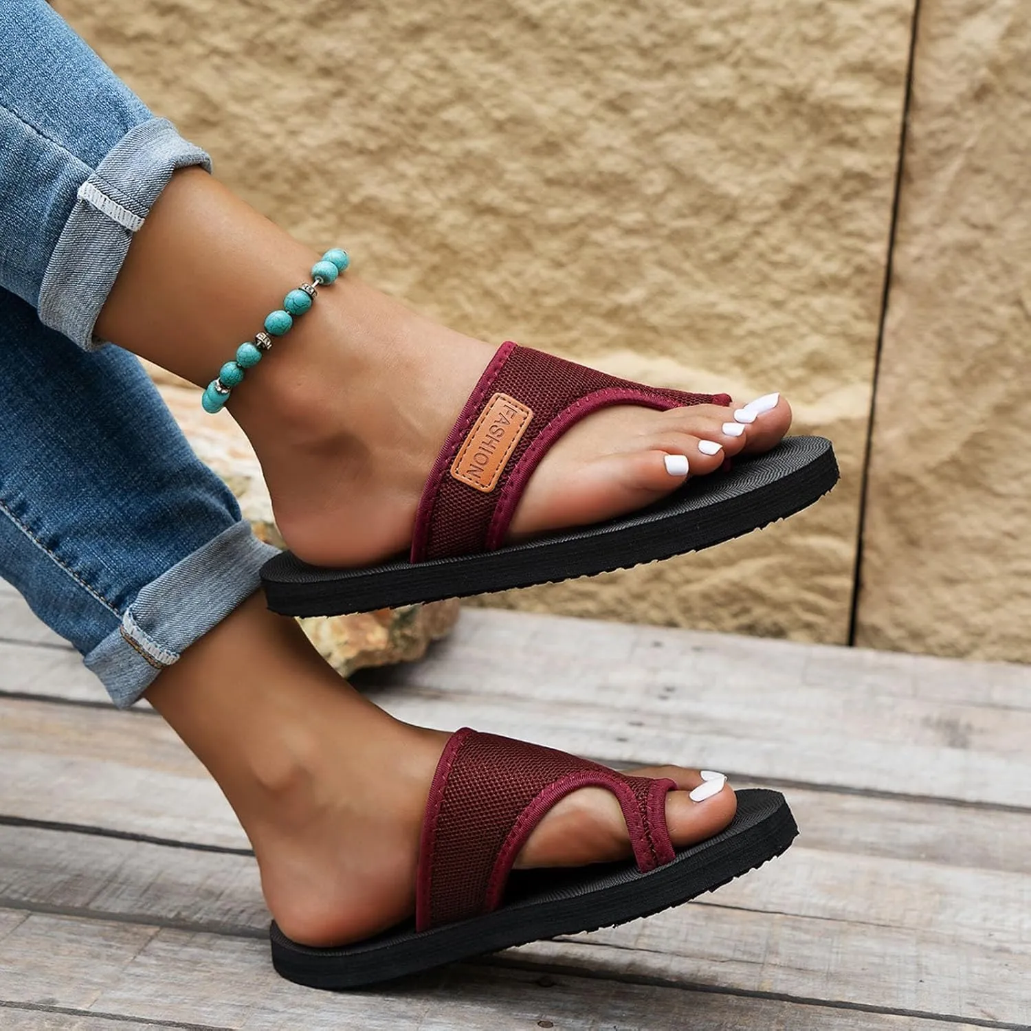 2025 NEW Women's Hollow Breathable Mesh Slide Sandals, Orthopedic Open Toe Ring Loop Flat Sandals Anti-Slip Casual Slippers