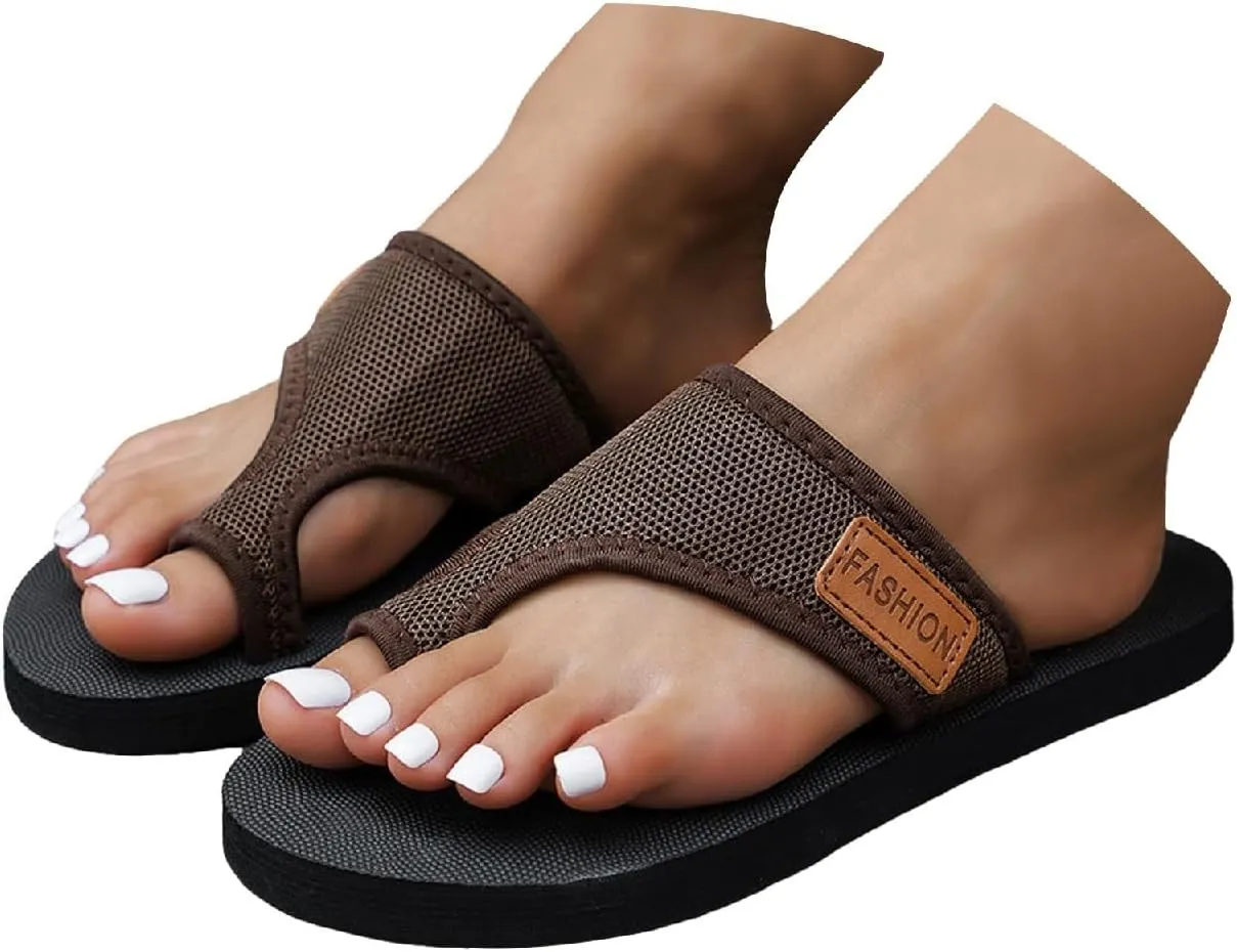 2025 NEW Women's Hollow Breathable Mesh Slide Sandals, Orthopedic Open Toe Ring Loop Flat Sandals Anti-Slip Casual Slippers