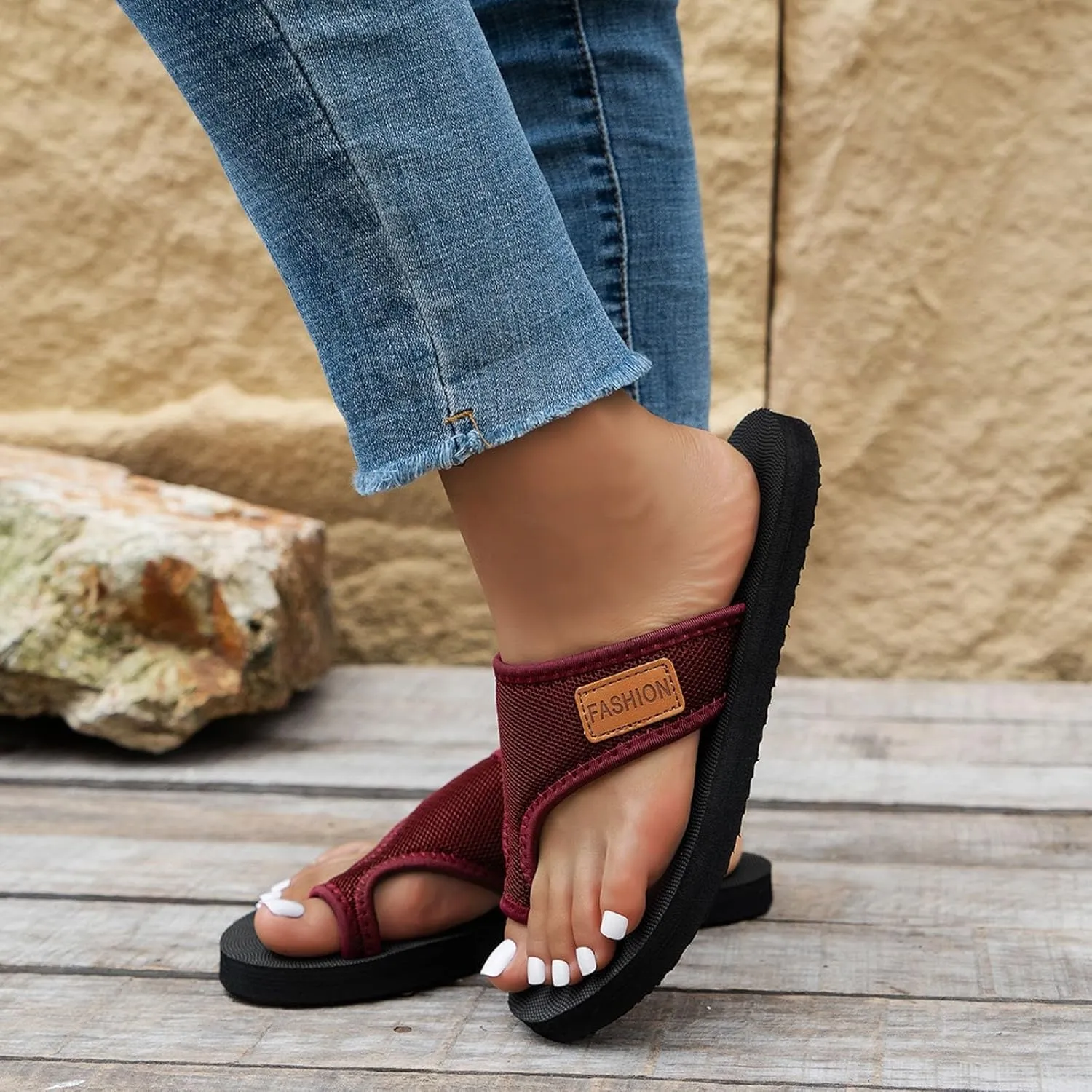 2025 NEW Women's Hollow Breathable Mesh Slide Sandals, Orthopedic Open Toe Ring Loop Flat Sandals Anti-Slip Casual Slippers