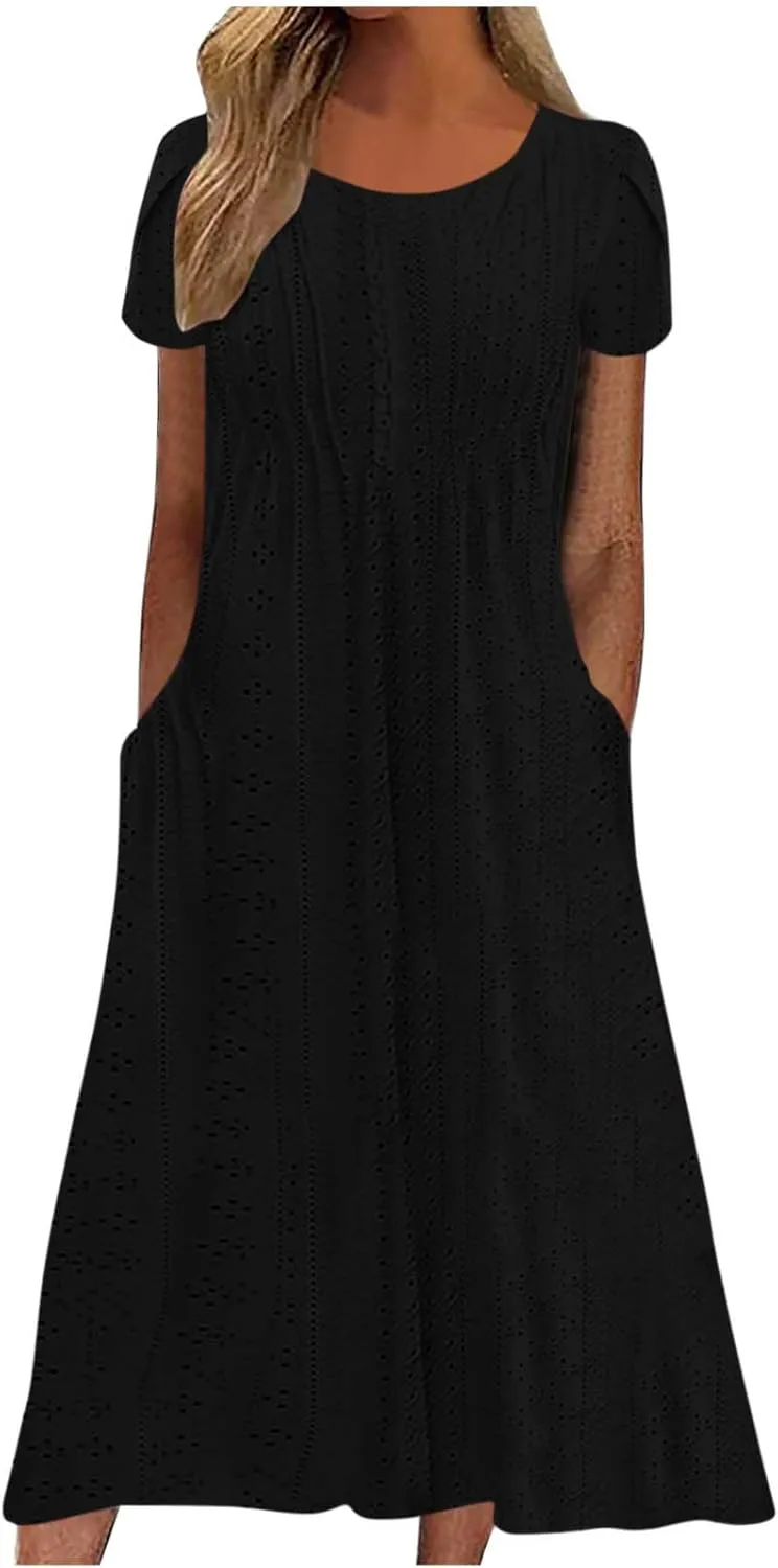 2025 Summer Dress for Womens Dressy Casual Sundress Hollow Out Eyelet Embroidery Maxi Dress Petal Sleeve Beach Dresses