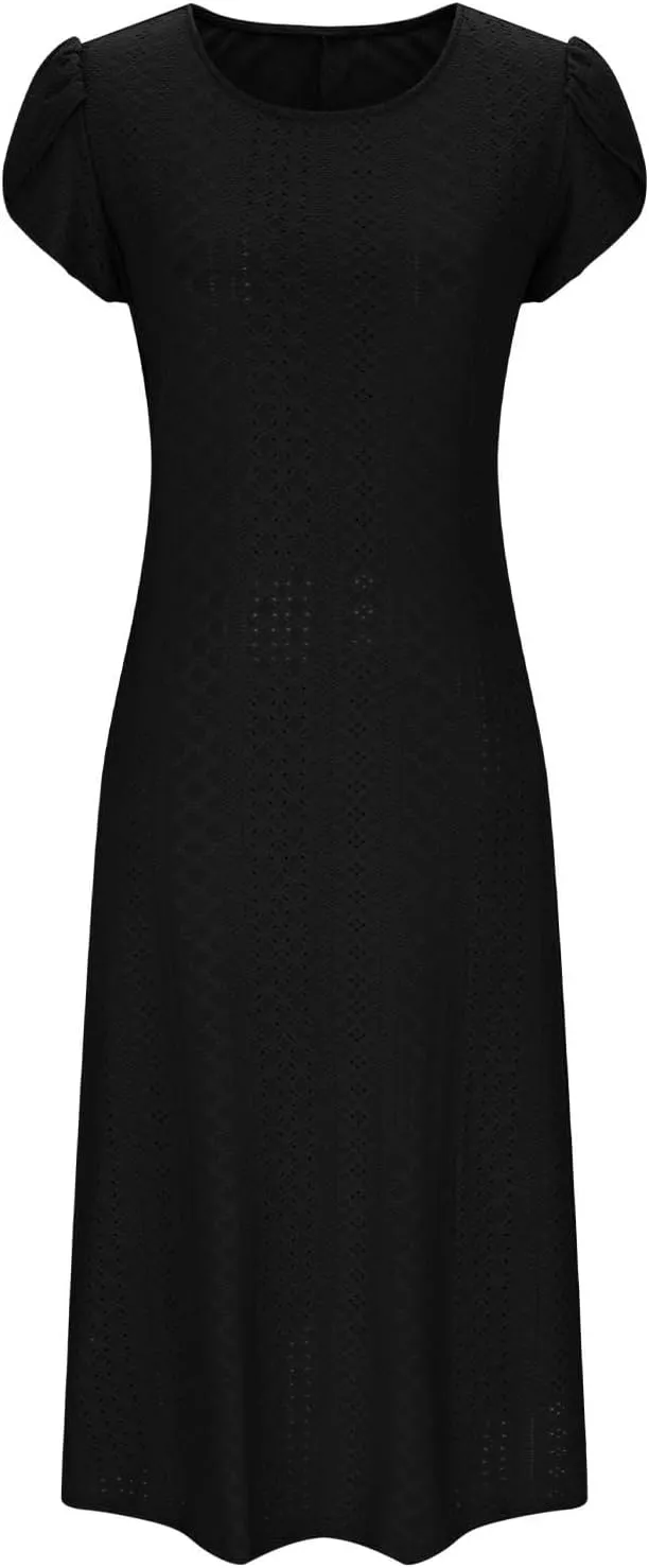 2025 Summer Dress for Womens Dressy Casual Sundress Hollow Out Eyelet Embroidery Maxi Dress Petal Sleeve Beach Dresses