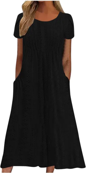2025 Summer Dress for Womens Dressy Casual Sundress Hollow Out Eyelet Embroidery Maxi Dress Petal Sleeve Beach Dresses