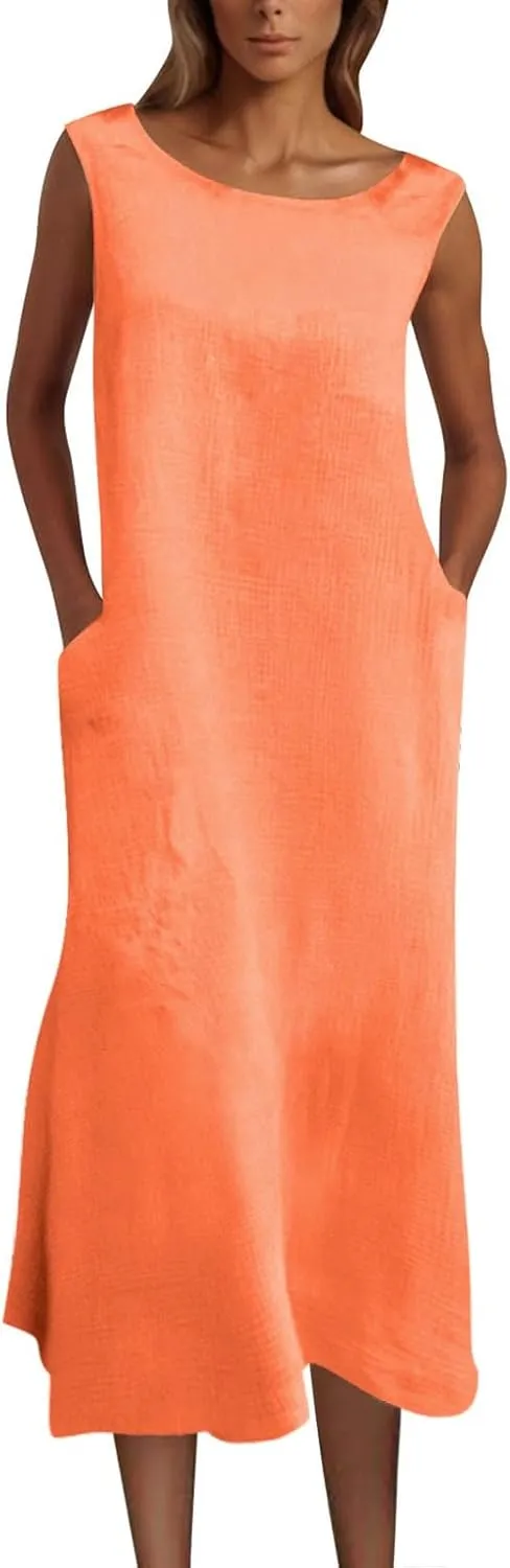 2025 Summer Plus Size Cotton Linen Tank Dress Women Boho Casual Beach Dresses Crew Neck Sleeveless Midi Sundress