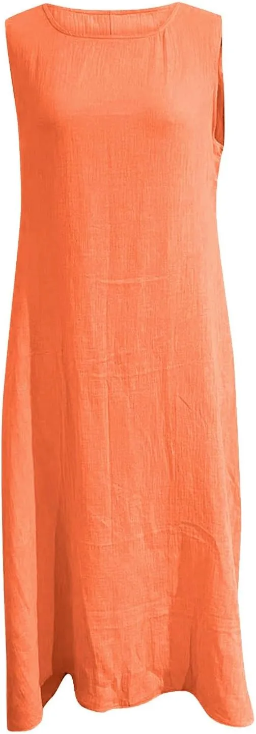 2025 Summer Plus Size Cotton Linen Tank Dress Women Boho Casual Beach Dresses Crew Neck Sleeveless Midi Sundress