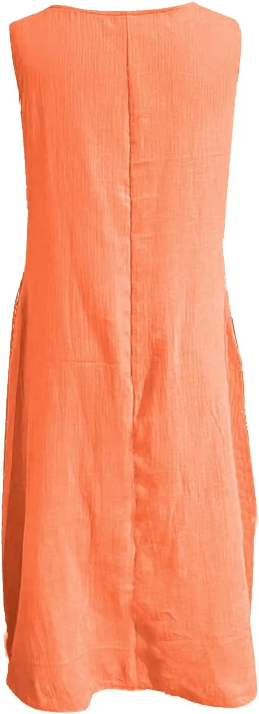2025 Summer Plus Size Cotton Linen Tank Dress Women Boho Casual Beach Dresses Crew Neck Sleeveless Midi Sundress