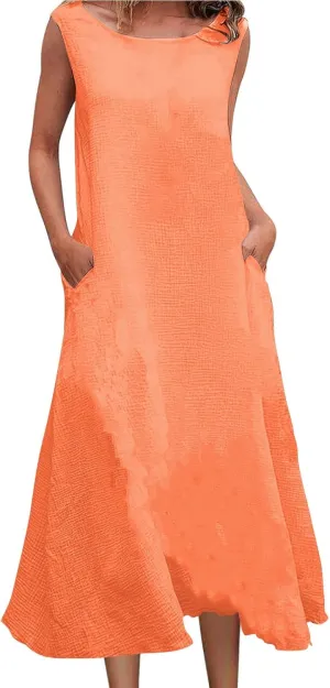 2025 Summer Plus Size Cotton Linen Tank Dress Women Boho Casual Beach Dresses Crew Neck Sleeveless Midi Sundress