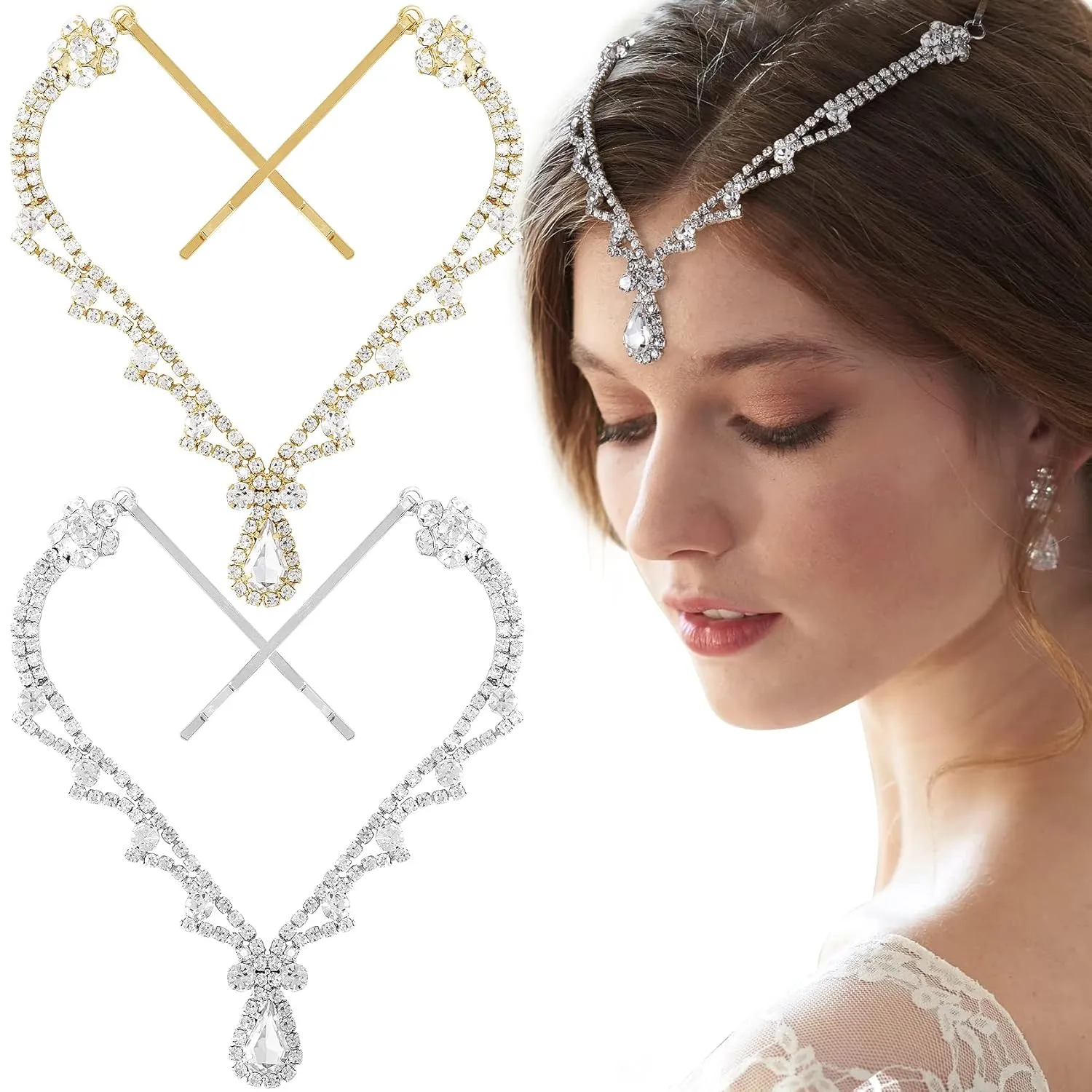 2PCS Bling Bridal Crystal Rhinestone Headbands Silver Gold Teardrop Hair Chains with Pendant Wedding Prom Decoration Accessories for Women