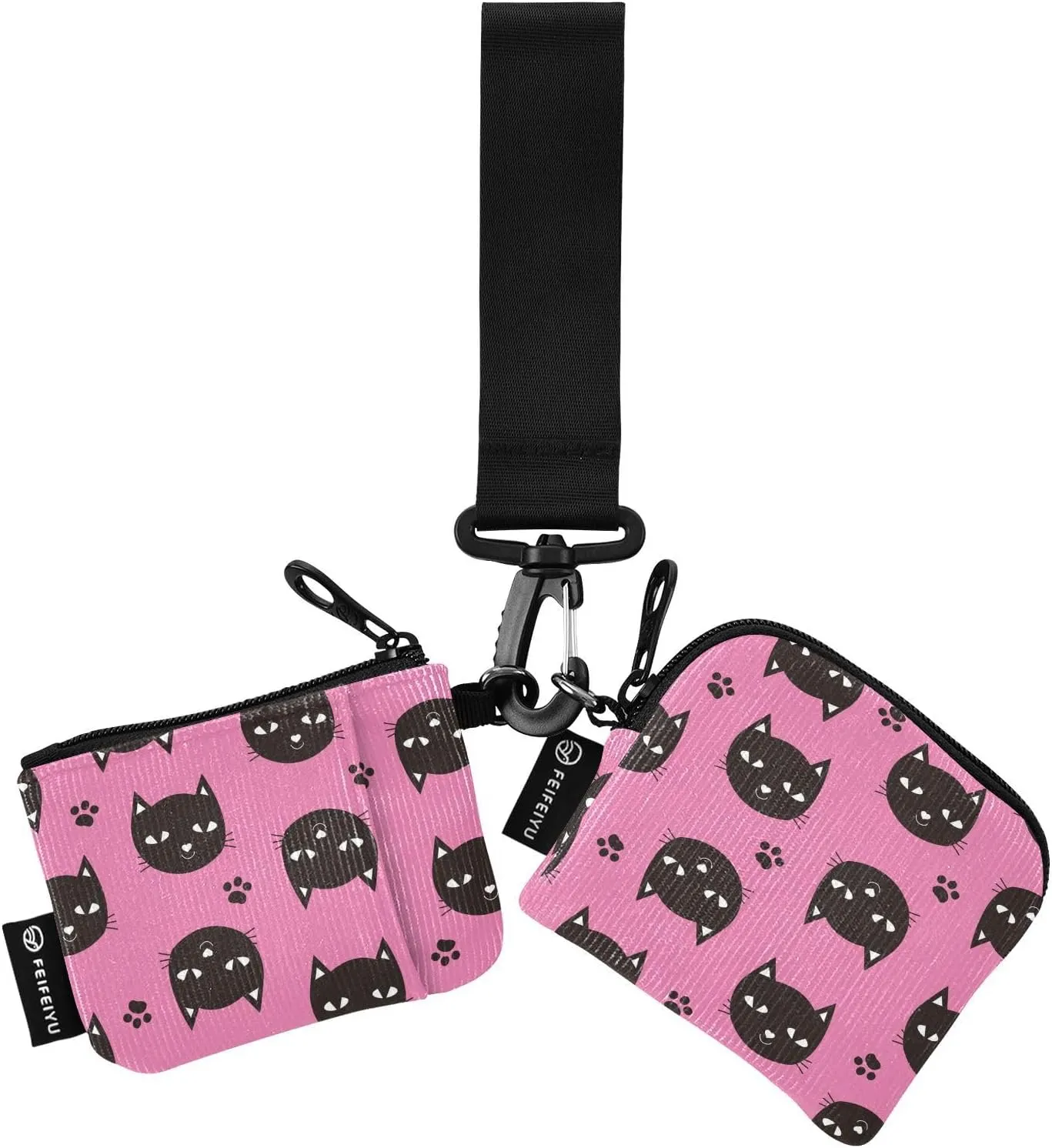 2PCS Coin Purse Wristlet Wallets Keychain Wallet Zip Around Portable Wallet with Detachable Dual Pouch Black Cats