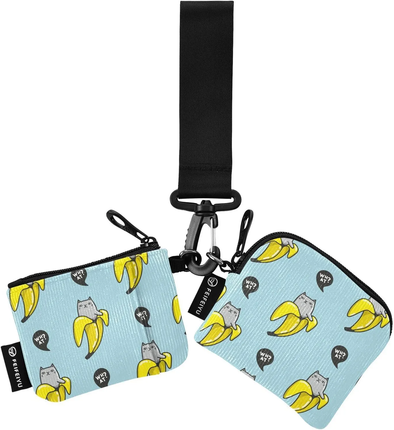 2PCS Coin Purse Wristlet Wallets Keychain Wallet Zip Around Portable Wallet with Detachable Dual Pouch Creative Bananas Cats