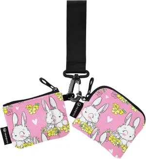 2PCS Coin Purse Wristlet Wallets Keychain Wallet Zip Around Portable Wallet with Detachable Dual Pouch Cute Bunny And Flowers