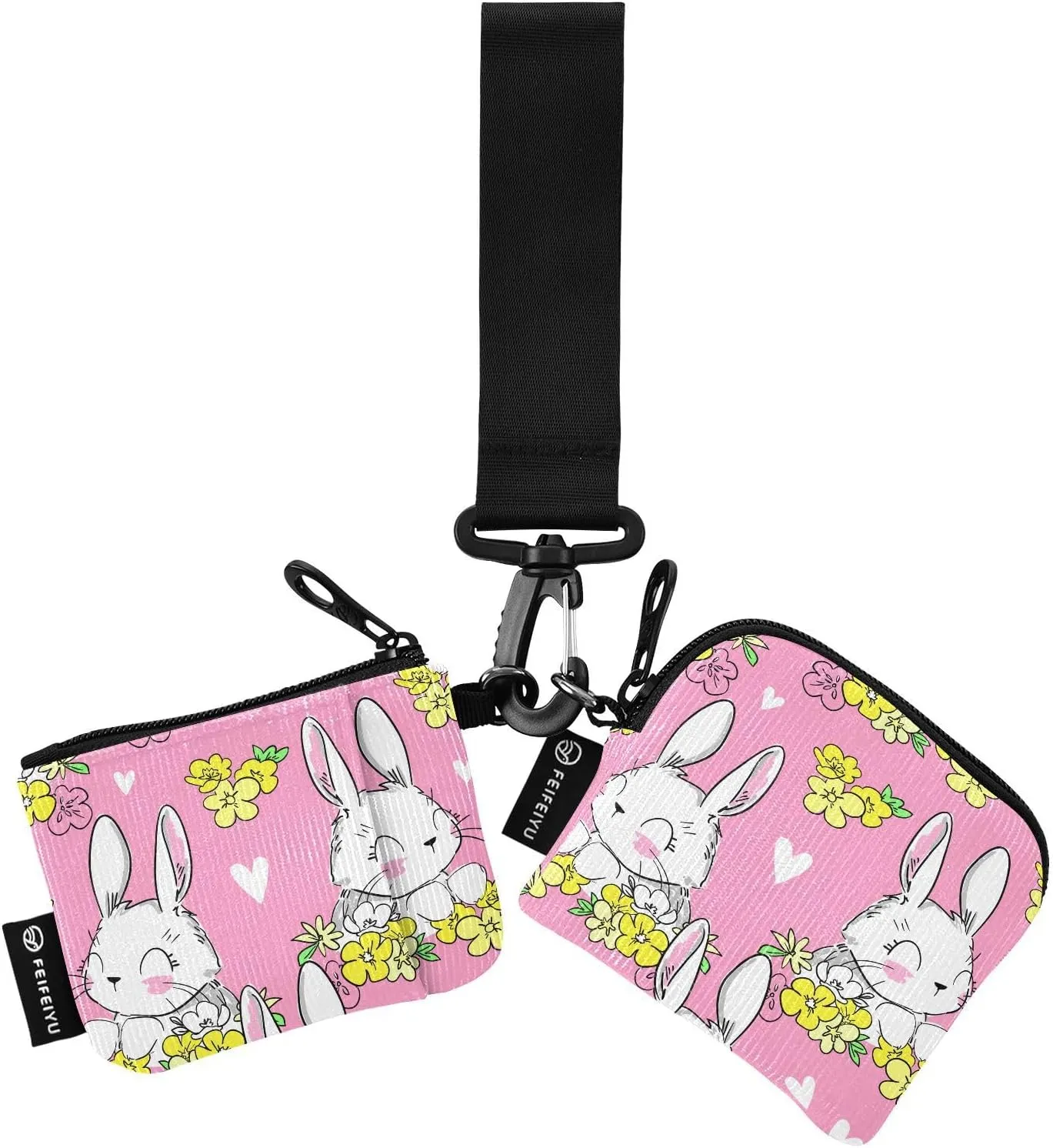 2PCS Coin Purse Wristlet Wallets Keychain Wallet Zip Around Portable Wallet with Detachable Dual Pouch Cute Bunny And Flowers