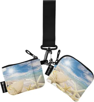 2PCS Coin Purse Wristlet Wallets Keychain Wallet Zip Around Portable Wallet with Detachable Dual Pouch Starfish Sea Shells On Beach