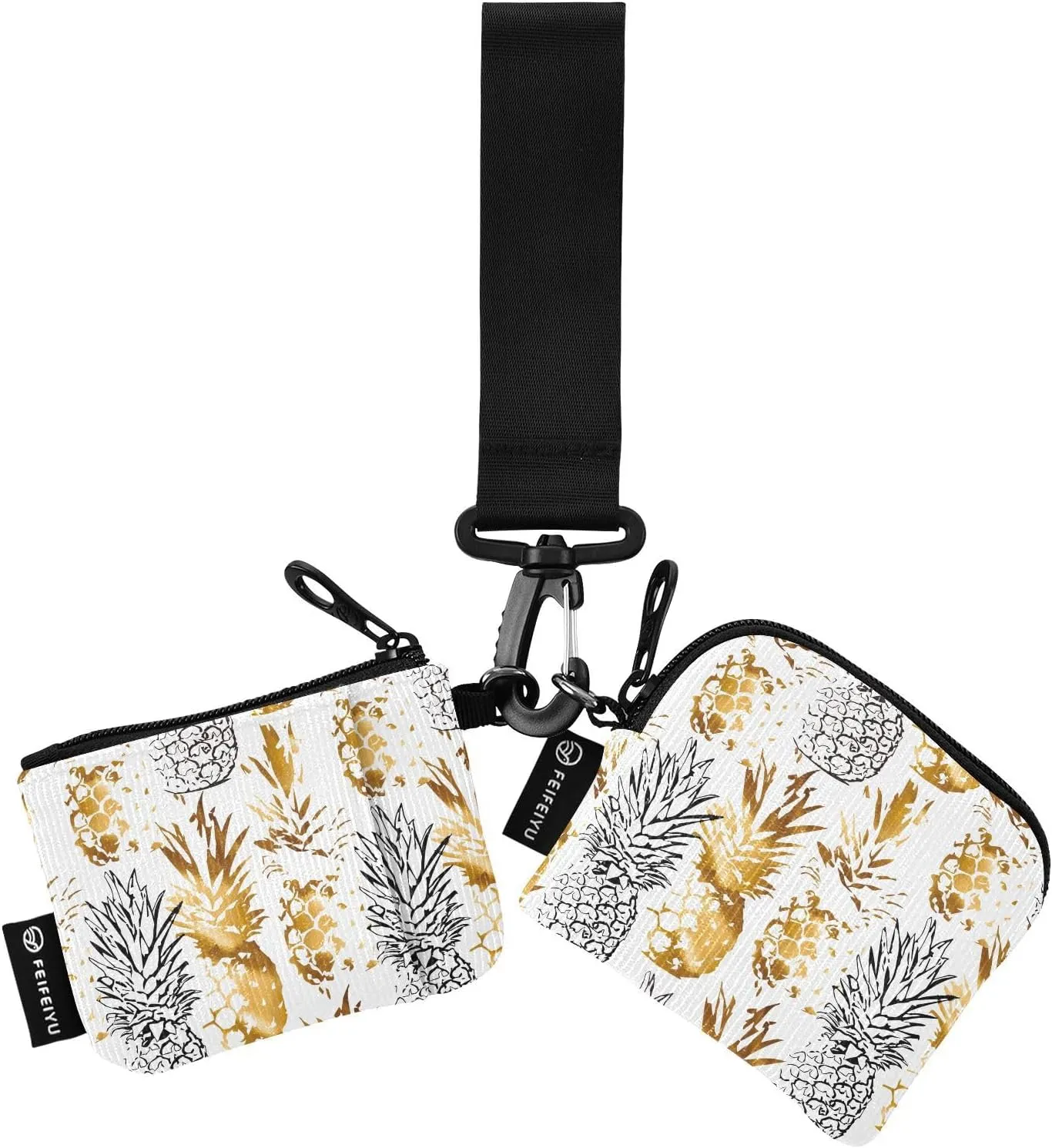2PCS Coin Purse Wristlet Wallets Keychain Wallet Zip Around Portable Wallet with Detachable Dual Pouch Tropical Gold Pineapple