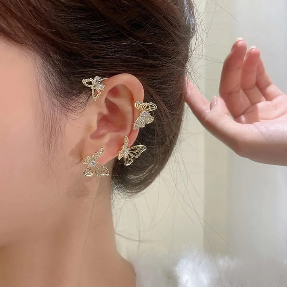 2Pcs Sparkly Rhinestone Butterfly Ear Cuffs - Fairy Crystal Ear Cuffs, Climber Cuff Wrap Around Earrings - Non-Piercing Ear Clip Fake Earrings in Gold and Silver for Women