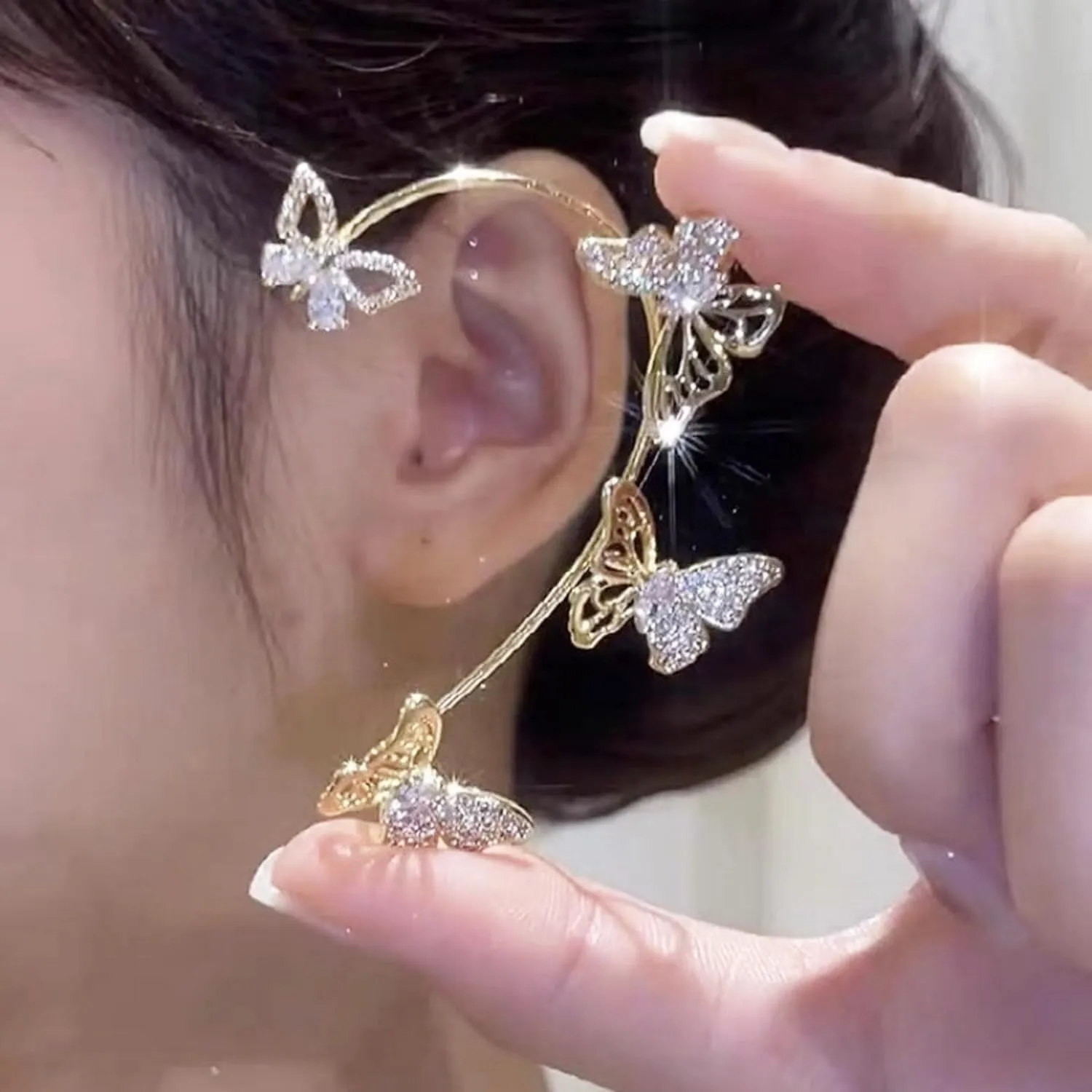 2Pcs Sparkly Rhinestone Butterfly Ear Cuffs - Fairy Crystal Ear Cuffs, Climber Cuff Wrap Around Earrings - Non-Piercing Ear Clip Fake Earrings in Gold and Silver for Women