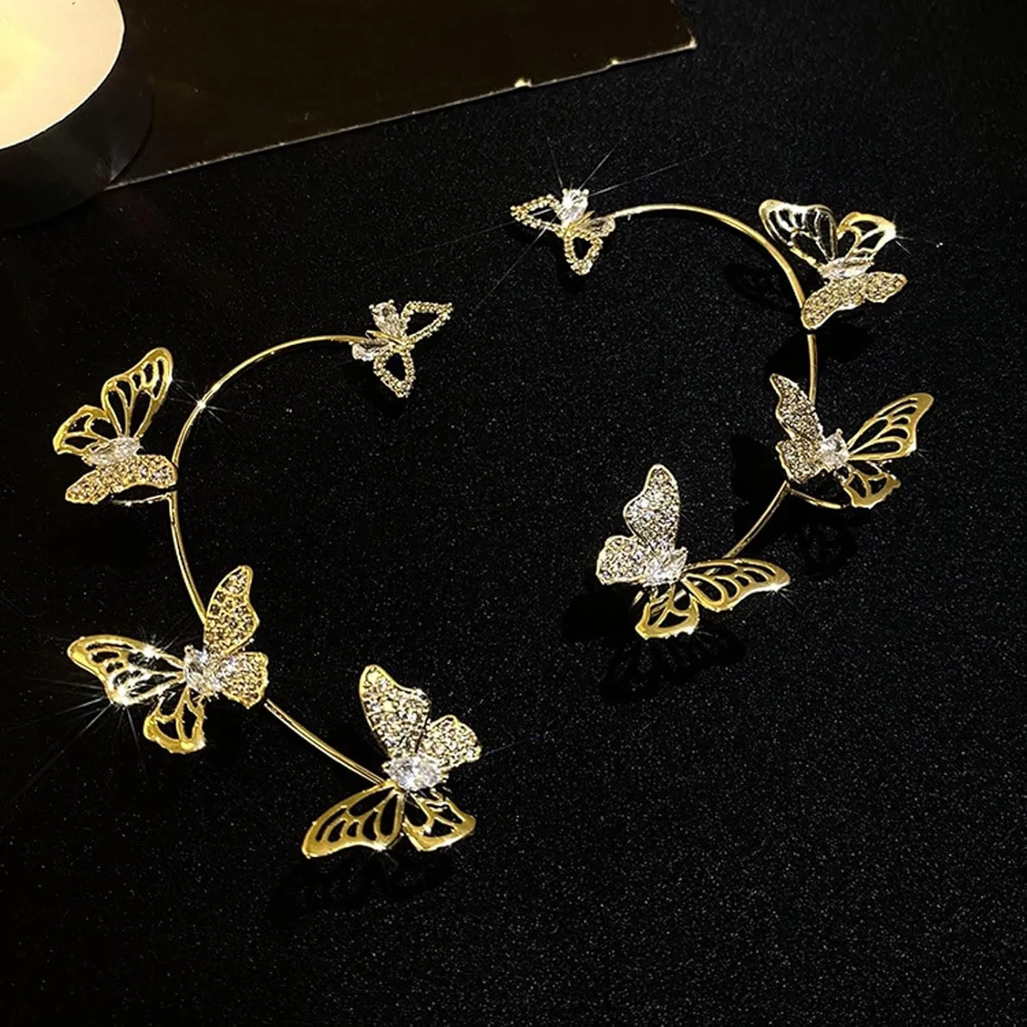2Pcs Sparkly Rhinestone Butterfly Ear Cuffs - Fairy Crystal Ear Cuffs, Climber Cuff Wrap Around Earrings - Non-Piercing Ear Clip Fake Earrings in Gold and Silver for Women