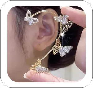 2Pcs Sparkly Rhinestone Butterfly Ear Cuffs - Fairy Crystal Ear Cuffs, Climber Cuff Wrap Around Earrings - Non-Piercing Ear Clip Fake Earrings in Gold and Silver for Women