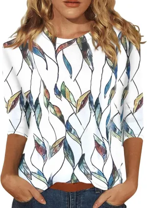 3/4 Length Sleeve Shirts for Women, Round Neck Cute Tunic Tops Basic Tees Casual Printed Blouses Loose Shirt Tops