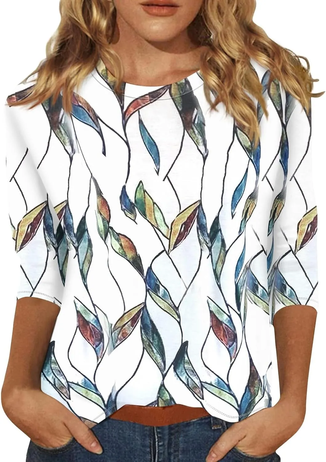 3/4 Length Sleeve Shirts for Women, Round Neck Cute Tunic Tops Basic Tees Casual Printed Blouses Loose Shirt Tops