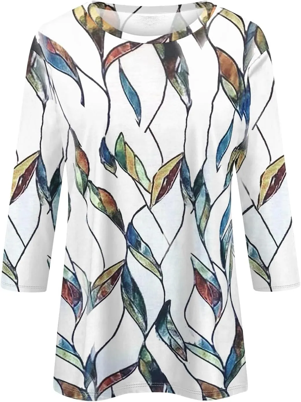 3/4 Length Sleeve Shirts for Women, Round Neck Cute Tunic Tops Basic Tees Casual Printed Blouses Loose Shirt Tops