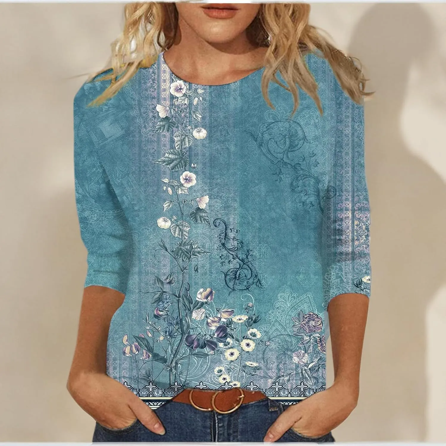 3/4 Length Sleeve Womens Tops Dressy Casual Cute Print Graphic Tees Blouses Casual Plus Size Basic Tops