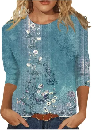 3/4 Length Sleeve Womens Tops Dressy Casual Cute Print Graphic Tees Blouses Casual Plus Size Basic Tops