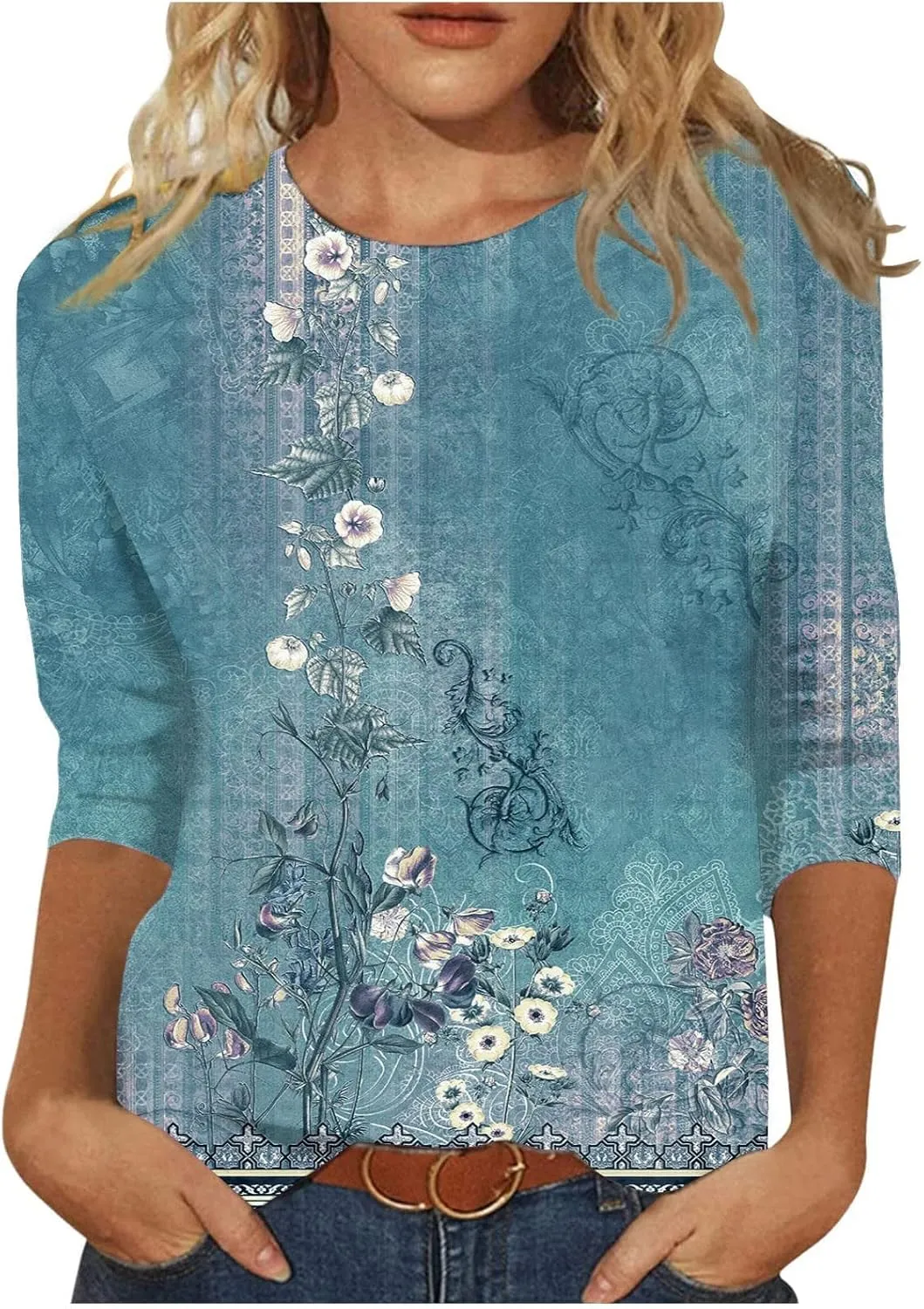 3/4 Length Sleeve Womens Tops Dressy Casual Cute Print Graphic Tees Blouses Casual Plus Size Basic Tops