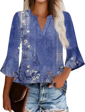 3/4 Length Sleeve Womens Tops V Neck Spring Outfits 2025 Trendy Petal Bell Sleeve Fitted Tunics Tops Shirts