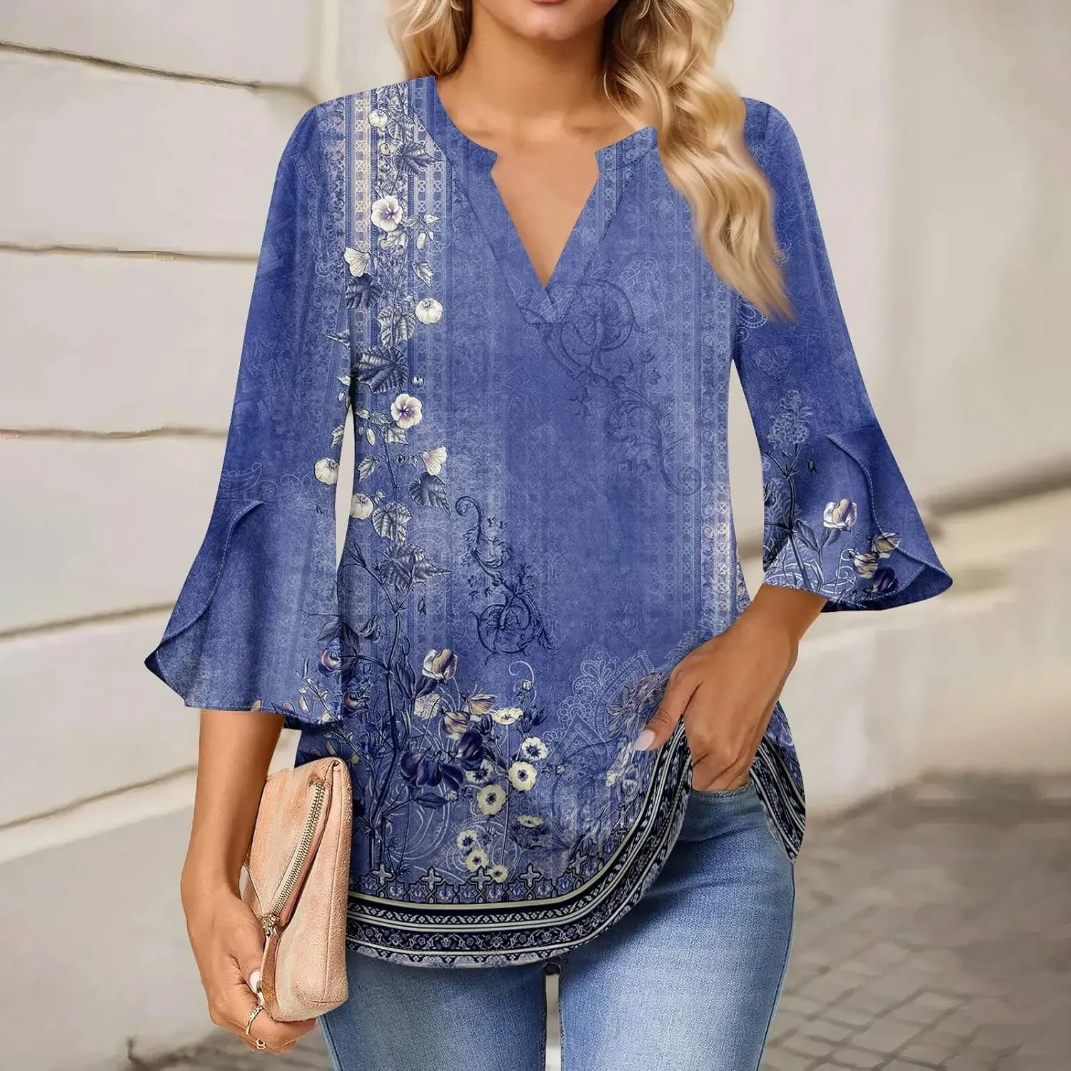 3/4 Length Sleeve Womens Tops V Neck Spring Outfits 2025 Trendy Petal Bell Sleeve Fitted Tunics Tops Shirts