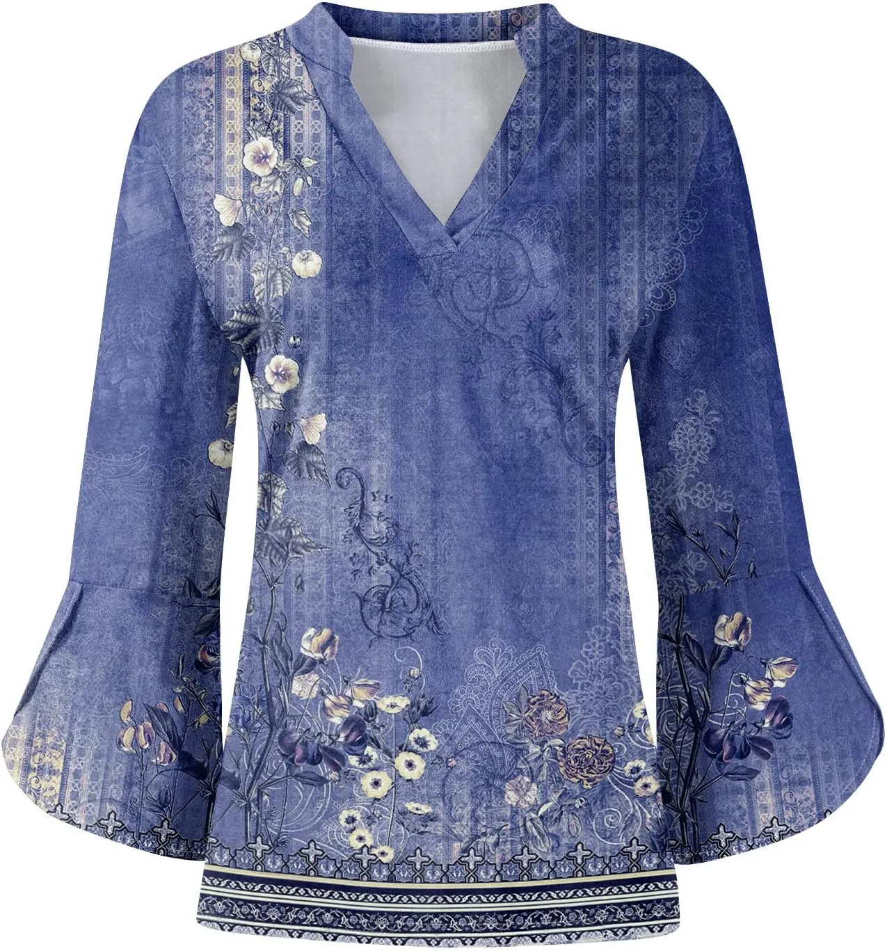 3/4 Length Sleeve Womens Tops V Neck Spring Outfits 2025 Trendy Petal Bell Sleeve Fitted Tunics Tops Shirts