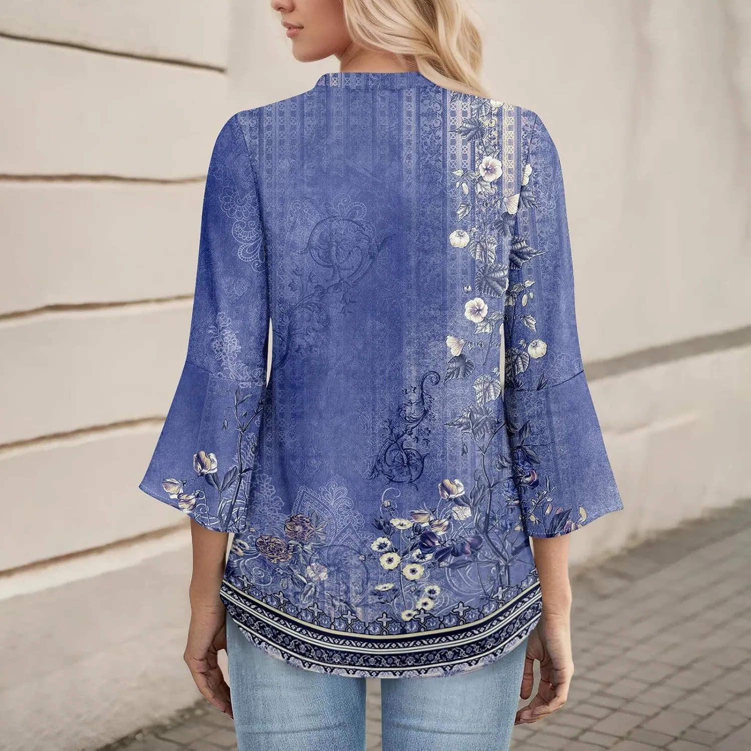 3/4 Length Sleeve Womens Tops V Neck Spring Outfits 2025 Trendy Petal Bell Sleeve Fitted Tunics Tops Shirts